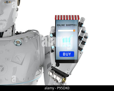3D-Rendering ai Robot holding Handy für Online shopping Stockfoto