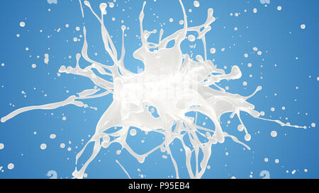 Milch oder Joghurt Explosion in Zeitlupe. 3D-Abbildung: Weiße flüssige Sahne Tropfen Splash isoliert auf Blau. 4K-hellen, weißen und blauen Design Element Stockfoto