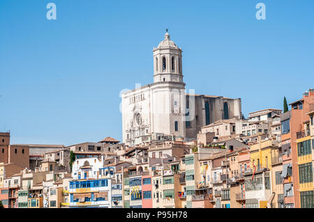 Die Häuser am Fluss Onyar mit Dom im Hintergrund, Girona, Katalonien, Spanien Stockfoto