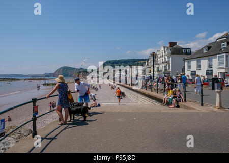 Urlauber genießen Sie eine heiße Sommer am Nachmittag an der Esplanade in Sidmouth, East Devon, Großbritannien Stockfoto