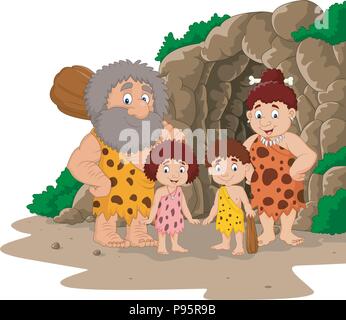 Cartoon caveman Familie mit Höhle Hintergrund Stock Vektor