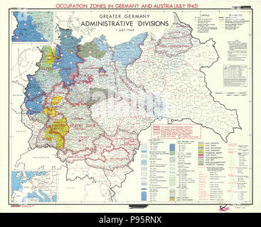 Karte der Besatzungszonen in Deutschland und Österreich - Juli 1945 Stockfoto