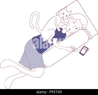 Katze Aufwachen Mädchen bis in den frühen Morgen. auf weißem Hintergrund. Vector Illustration. Stock Vektor