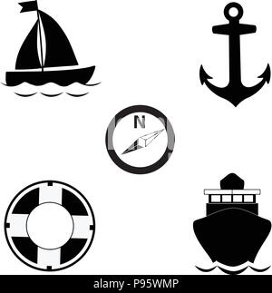 Vector schwarz und weiße Silhouette Abbildung: Sommer reisen Meer Symbol auf weißem Hintergrund. Segelschiff, Anker, Kompass, Rettungsring, ya Stock Vektor