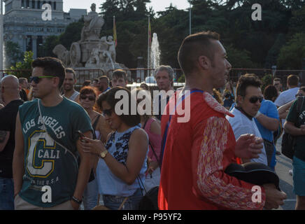 Madrid, Spanien, 7. Juli 2018. Gay Pride Parade mit Teilnehmern in Cibeles Quadrat, 7. Juli 2018, Madrid. Stockfoto