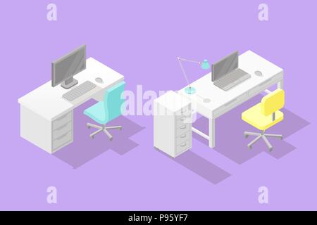 Satz von zwei Low Poly isometrische Arbeitsplätze Stock Vektor