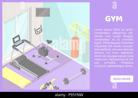 Vektor isometrische Low Poly cutaway Innenraum illustartion. Home Fitness oder Fitnessraum mit Laufband, Ergometer, Boxsack, Hanteln und Mat. Bann Stock Vektor