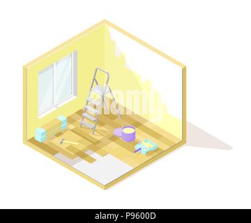 Vektor isometrische Low Poly cutaway Innenraum illustartion. Renovierung Stock Vektor