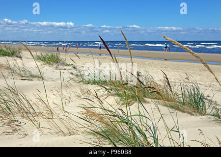 Schöne Soft Focus Sandstrand mit trockenen und grünes Gras, Schilf, Halme weht im Wind, verschwommenes Meer mit Wellen und Menschen zu Fuß auf Hintergrund, Stockfoto