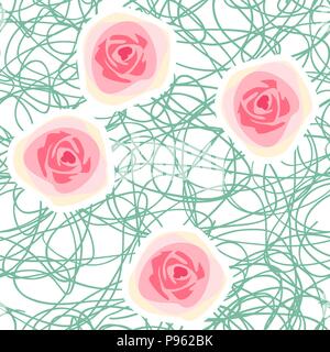 Vektor nahtlose floral background mit abstrakten Rosen und chaotischen Wellenlinien Stock Vektor