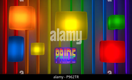 Rainbow farbige Würfel und bars Muster mit Text "Stolz". 3D-Rendering. Stockfoto