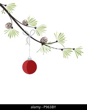 Vector Illustration von Christbaumschmuck mit Niederlassungen Kiefer. Frohe Weihnachten Grußkarte Stock Vektor