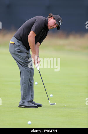 Phil Mickelson während der Vorschau Tag der offenen Meisterschaft 2018 bei Carnoustie Golf Links, Angus. Stockfoto