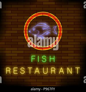 Bunte Neon Fisch Restaurant Anmelden Stock Vektor