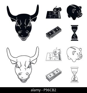 Bank, Business Plan, Bündel von Notizen, Zeit, Geld. Geld und Finanzen set Sammlung Icons in Schwarz, Outline style Vektor Symbol lieferbar Abbildung: Stock Vektor