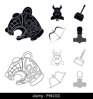 Viking in Helm mit Hörnern, Muskatblüte, Bogen und Pfeil, Schatz. Vikings set Sammlung Icons in Schwarz, Outline style Vektor Symbol lieferbar Abbildung. Stock Vektor