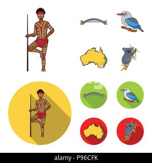 Aborigine mit einem Speer, Sydney Harbour Bridge, kookabarra auf einem Zweig, das Territorium des Landes. Australien Sammlung Icons im Cartoon, Flachbild styl Stock Vektor