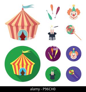 Zirkuszelt, jongleur Streitkolben, Clown, Zauberer Hut. Circus Collection Symbole im Cartoon, flacher Stil vektor Symbol lieferbar Abbildung. Stock Vektor