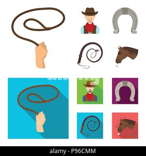 Hand Lasso, Cowboy, Hufeisen, Peitsche. Rodeo set Sammlung Icons im Cartoon, flacher Stil vektor Symbol lieferbar Abbildung. Stock Vektor