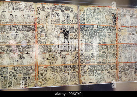 MADRID, Spanien - 30. November 2016: Fragment von Maya Buch - Der Madrider Codex (auch Codex Tro-Cortesianus oder der Troano Codex bekannt). Spanien Stockfoto