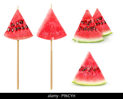 Isolierte Wassermelone Stücke. Sammlung der Wassermelone Snacks auf weißem Hintergrund mit Freistellungspfad isoliert Stockfoto