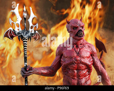 Eine mittlere Suchen dämonische, roter Teufel mit Hörnern ständigen Holding trident Pitchfork, 3D-Rendering. Er ist durch Rauch und Feuer wie in der Hölle umgeben. Stockfoto