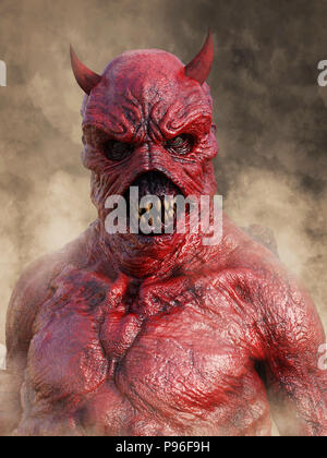 Kopf Porträt eines bedeuten, die dämonische, roter Teufel mit Hörnern, 3D-Rendering. Er ist durch Rauch umgeben. Stockfoto