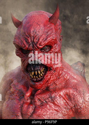 Kopf Porträt eines bedeuten, die dämonische, roter Teufel mit Hörnern, 3D-Rendering. Er ist durch Rauch umgeben. Stockfoto