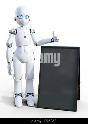 3D-Rendering von einer Weißen freundlich cartoon Roboter stehen neben einem leeren sandwich Board und einen Daumen nach oben. Weißer Hintergrund. Stockfoto