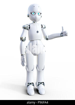 3D-Rendering von einer Weißen freundlich cartoon Roboter tun einen Daumen nach oben. Weißer Hintergrund. Stockfoto