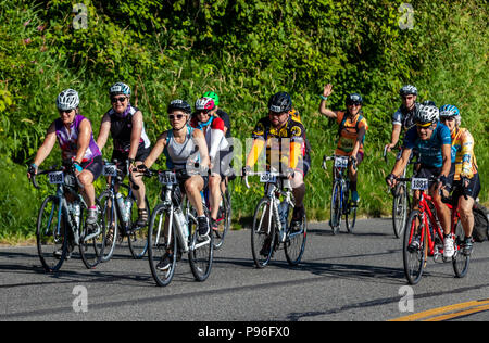 Sumner Washington, USA - 14. Juli 2018: Mit dem Fahrrad von Seattle nach Portland (STP) Radfahrer fahren Sie West Valley Highway kurz vor Sumner Stockfoto