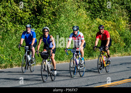 Sumner Washington, USA - 14. Juli 2018: Mit dem Fahrrad von Seattle nach Portland (STP) Radfahrer fahren Sie West Valley Highway kurz vor Sumner Stockfoto