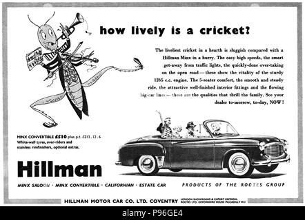 1954 britischen Werbung für Hillman Minx Convertible. Stockfoto