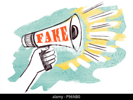 Jemandes hand Megaphon für Fälschungen. Ankündigung. Gefälschte Nachrichten Konzept. Stockfoto
