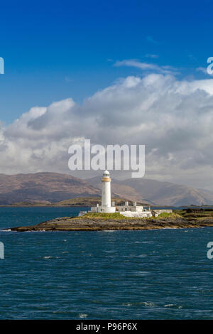 Lismore Leuchtturm auf der winzigen Insel Eilean Musdile ist eine gemeinsame Sicht von Oban, Mull Fähre oder Schiffe Betreten oder Verlassen der Sound von Mull. Stockfoto