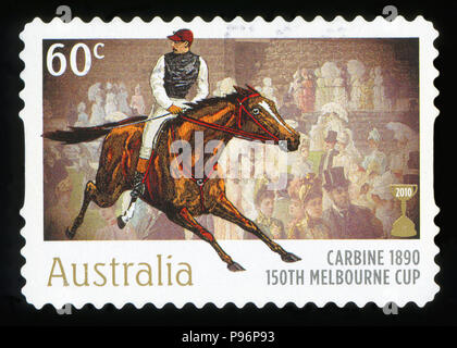 Australien - ca. 2010: einen Stempel in Australien gedruckten zeigt die Karabiner, 1890 Sieger, 150 Melbourne Cup, ca. 2010 Stockfoto