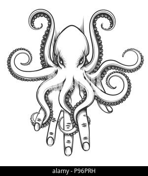 Octopus Babysitting auf der menschlichen Hand. Vector Illustration im Tattoo Style. Stock Vektor