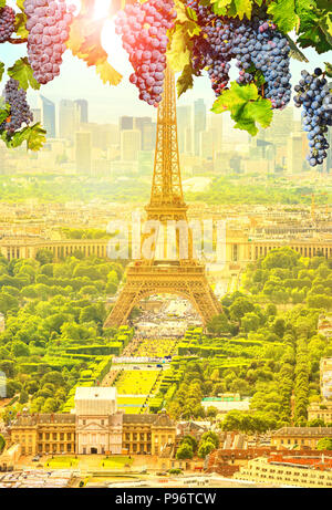 Der Rahmen der roten Trauben auf Tour Eiffel Landschaft bei Sonnenuntergang in Champ de Mars. Saisonale malerischen vertikale Hintergrund der französischen Wein Land Frankreich in Europa hängen. Malerische Tapete mit Eiffelturm Stockfoto
