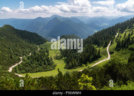 Schönen sonnigen Blick über Einstellung Wanderwege in Bayern mit Gebirge im Hintergrund Stockfoto