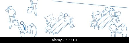 Gruppe der Reisende mit Koffern Wartehalle Wartehalle Menschen airport terminal Skizze doodle Banner Stock Vektor