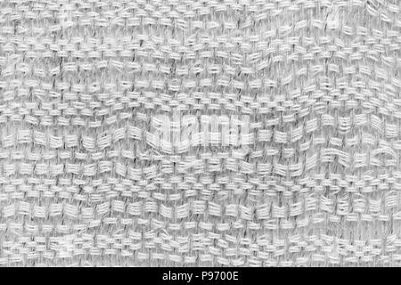 Die weiße Hand weben Matten tweed Stoff Textur. Closeup horizontale Fragment Stockfoto