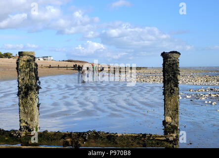 East Preston, UK. Gruppe von Menschen zu Fuß entlang der Strand bei Ebbe auf der Winter am Nachmittag. Stockfoto