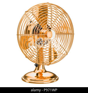 Golden Retro Tisch Ventilator, 3D-Rendering auf weißem Hintergrund Stockfoto