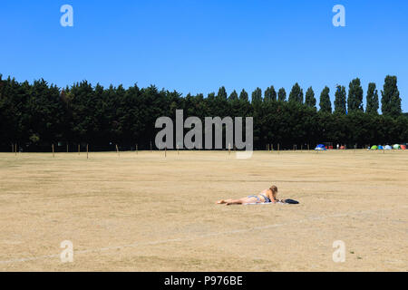 WImbledon London UK. 15. Juli 2018. Eine Frau beim Sonnenbaden auf das dürre Gras von Wimbledon Park an einem heißen scorching Tag als Temperaturen vorhergesagt sind auf 31 C Credit: Amer ghazzal/Alamy Leben Nachrichten erreichen Stockfoto