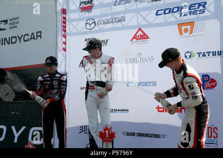 Toronto, Kanada. 15. Juli 2018. Tag 3 Am honda Indy in Toronto, Ontario, Kanada. In der USF 2000 Rennen Kyle Kirkwood (8) in der 5. angefangen und kämpfte zurück seine 6. und 7. gerades Rennen der Saison zu gewinnen. Igor Fraga (91) beendete 2. und Rasmus Lindh (23) 3. beendet Lukas Durda/Alamy leben Nachrichten Stockfoto