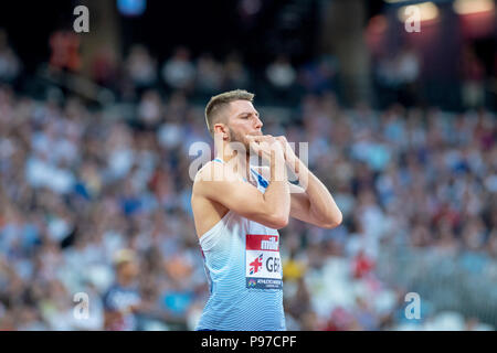 London, Großbritannien. 14. Juli 2018. Andrew Pozzi (GBR) reagiert während der Leichtathletik WM im Stadion in London, London, Great Britiain, am 14. Juli 2018. Credit: Andrew Torf/Alamy leben Nachrichten Stockfoto