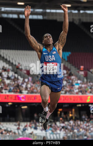 Olympiastadion, London, UK. 14. Juli 2018. Die Leichtathletik-WM 2018. Donald Scott (USA) nimmt das Silber in der Mens Dreisprung mit 16.73 in der konstituierenden Leichtathletik-WM. Acht Nationen, acht Athleten und acht Punkte pro Veranstaltung zur Verfügung, die höchste zählende Nation mit einer Platin Trophäe Credit: Andy Gutteridge/Alamy Leben Nachrichten belohnt Stockfoto
