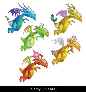 Satz lustig animierten bunten Drachen auf weißem Hintergrund. Vektor cartoon Close-up Abbildung. Stock Vektor