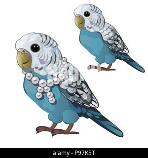 Blaue Wellenlinie Papagei oder Wellensittich auf weißem Hintergrund. Tropische domestizierte Vögel mit einer Halskette aus Perlen. Animierte Vektor cartoon Close-up Abbildung. Stock Vektor