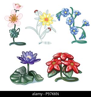 Einstellen der dekorativen Innenausstattung auf einem weißen Hintergrund. Tabelle Kompositionen in Form von blühenden Blumen. Vector Illustration. Stock Vektor